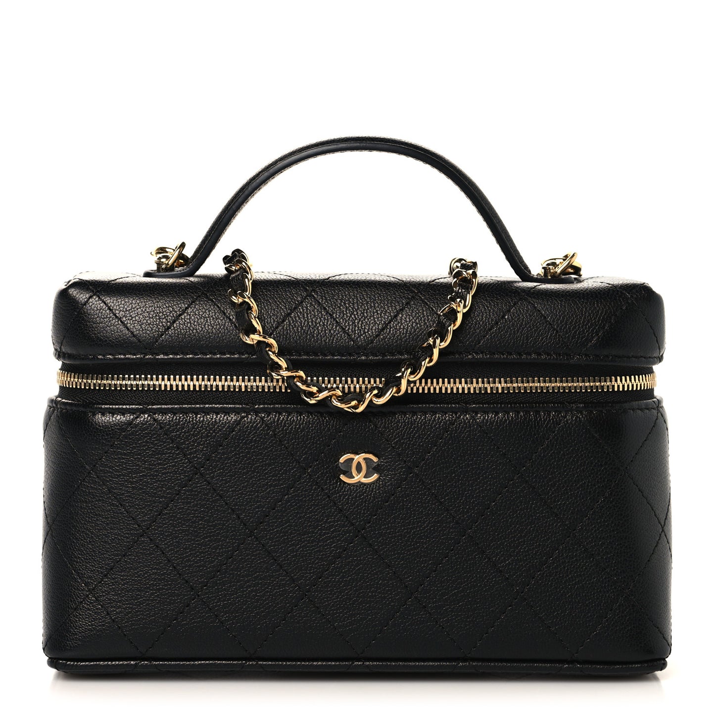 Goatskin Stitched Top Handle Slim Vanity With Chain Black