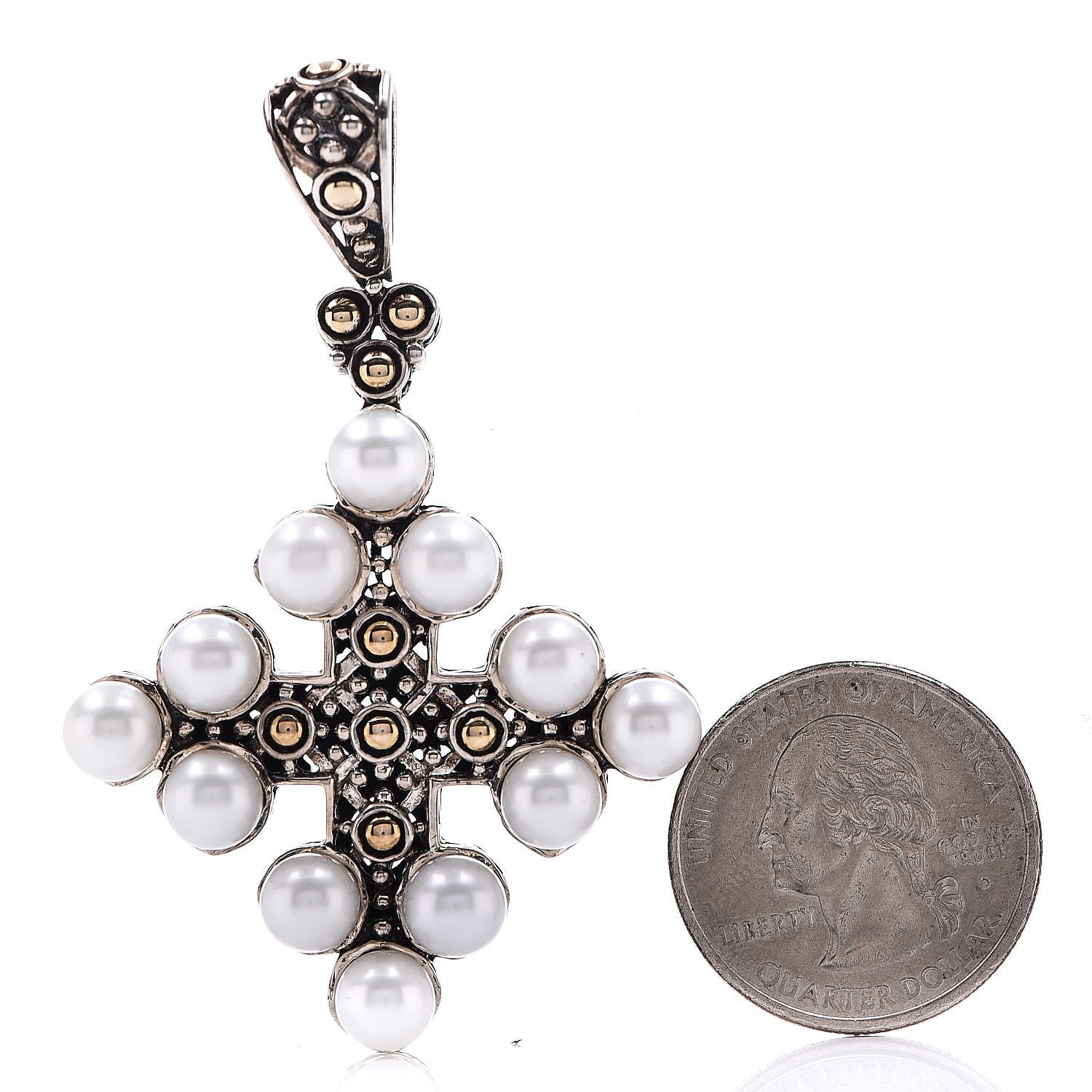 John Hardy Sterling Silver 18K Yellow Gold Pearl Jaisalmer Cross Pendant 2 of 3