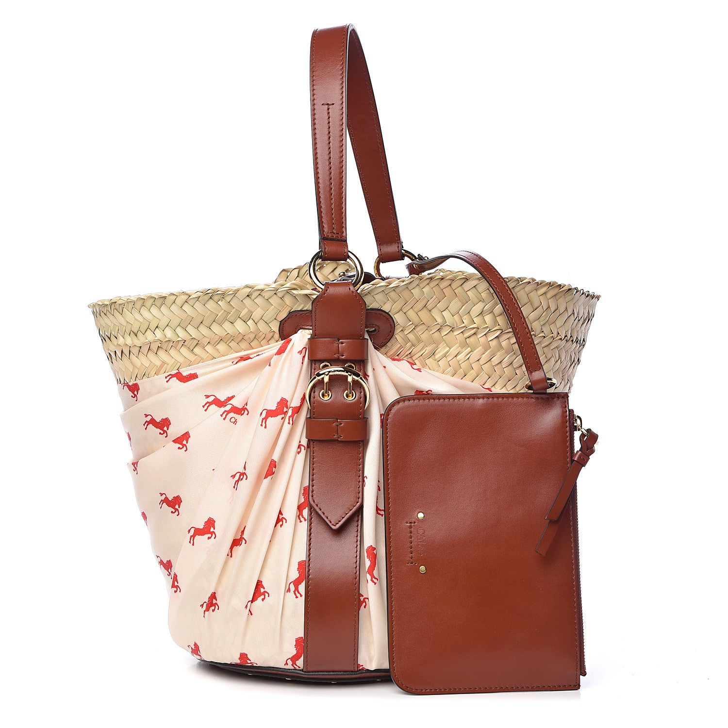 Chloe Smooth Calfskin Raffia Little Horses Medium Panier Basket White Red 1 of 10