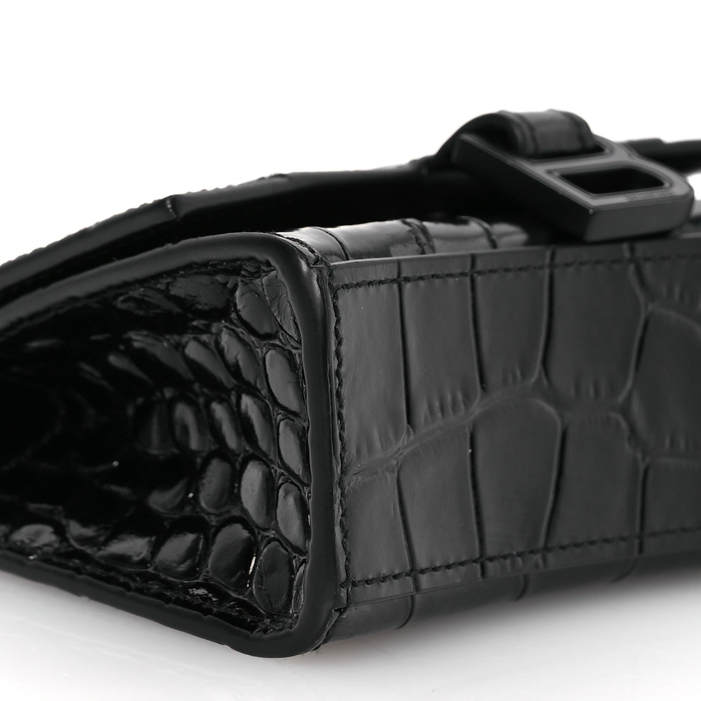 Shiny Calfskin Monochrome Crocodile Embossed Hourglass Top Handle Bag Mini with Chain Black