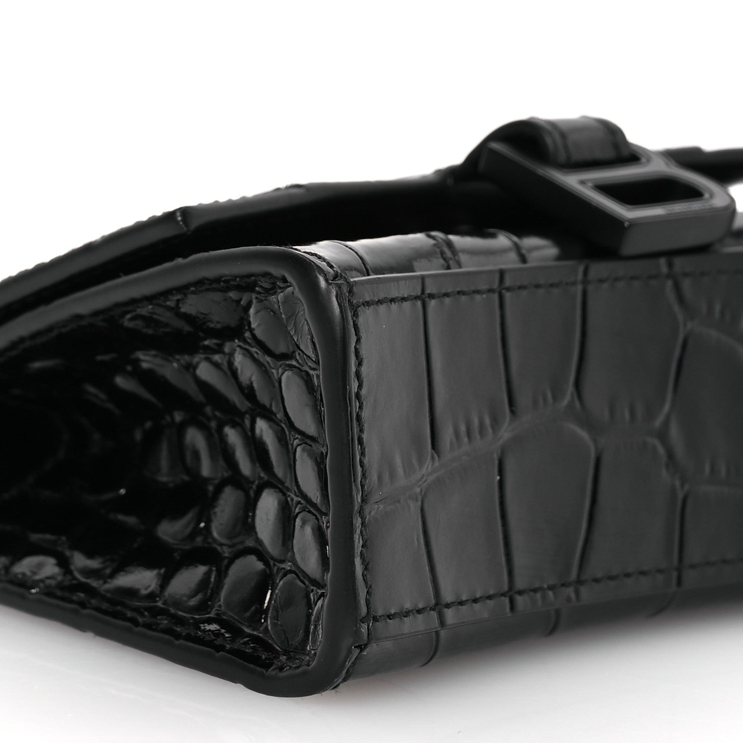 Balenciaga Shiny Calfskin Monochrome Crocodile Embossed Hourglass Top Handle Bag Mini with Chain Black 9 of 12