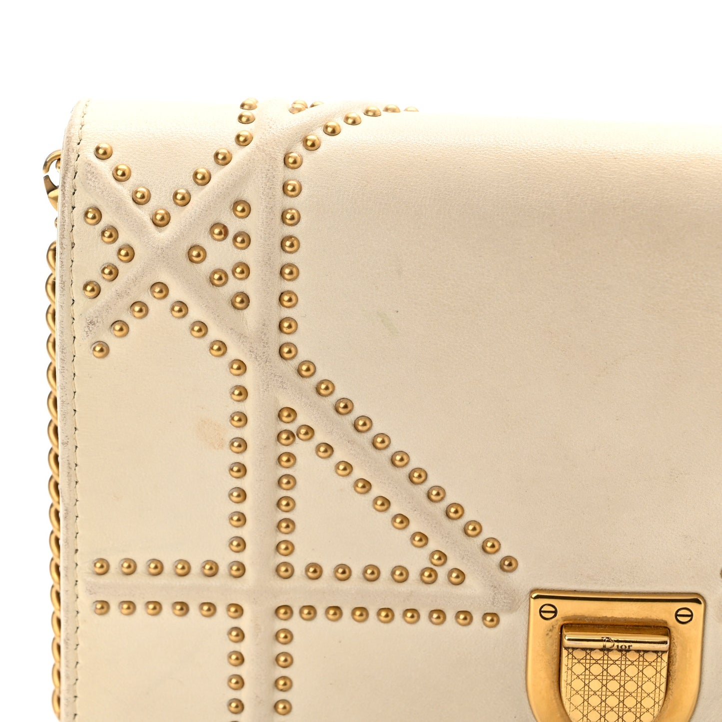 Lambskin Studded Diorama Wallet on Chain Pouch Off White