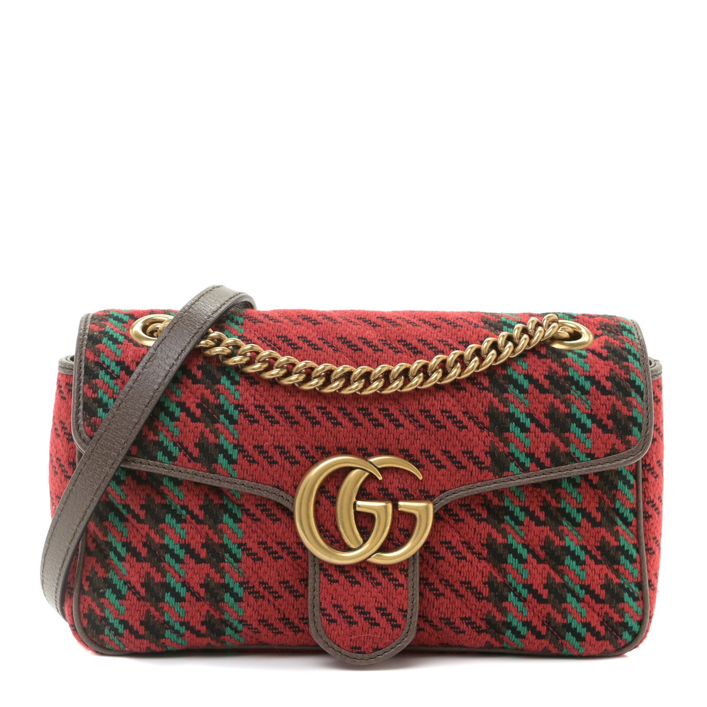 Wool Tweed Textured Dollar Calfskin Matelasse Diagonal Plaid Small GG Marmont Shoulder Bag Red Green Multicolor New Acero