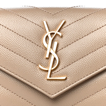 Saint Laurent Grain De Poudre Matelasse Chevron Monogram Compact Tri Fold Wallet Dark Beige 7 of 13