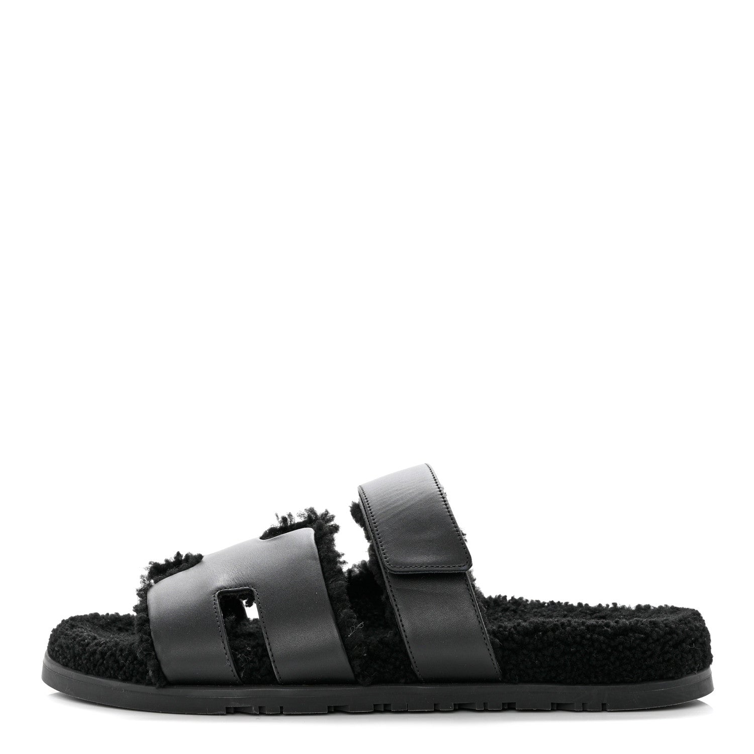 Hermes Calfskin Woolskin Mens Chypre Sandals 43 Black 1 of 8