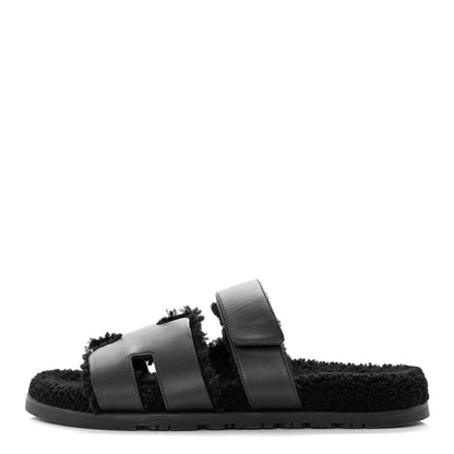 Hermes Calfskin Woolskin Mens Chypre Sandals 43 Black 1 of 8