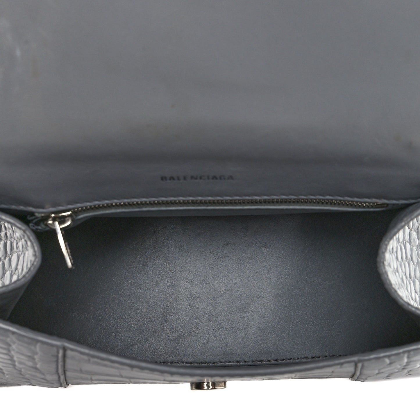 Shiny Calfskin Crocodile Embossed Small Hourglass Top Handle Bag Balenciaga Grey