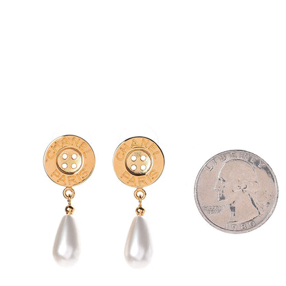 Chanel Metal Pearl Paris Button Drop Earrings Gold 2 of 4