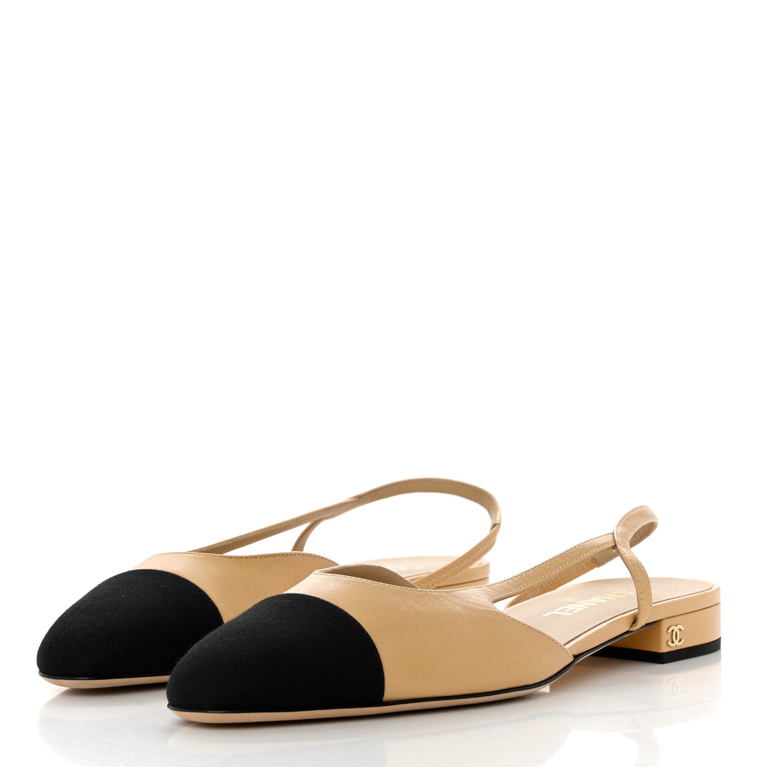Chanel Lambskin Grosgrain Cap Toe CC Slingback Sandals 40.5 Beige Black 3 of 8