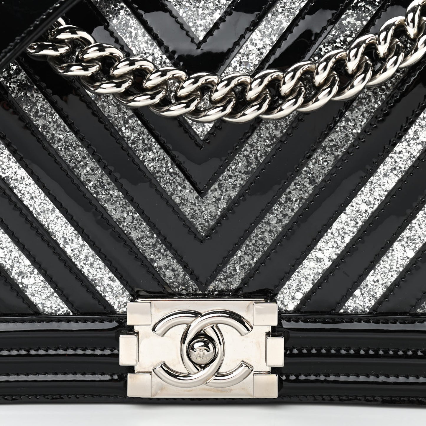 Patent Glitter PVC Chevron Quilted Medium Boy Flap Black Silver