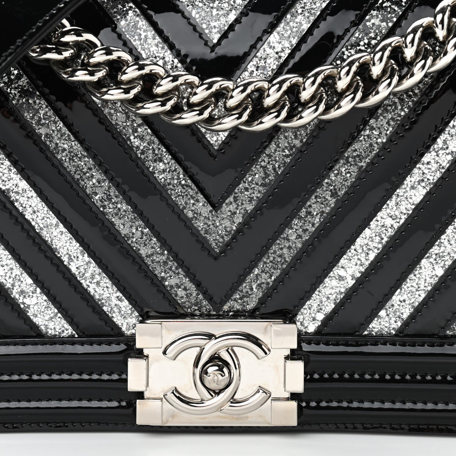 Chanel Patent Glitter PVC Chevron Quilted Medium Boy Flap Black Silver 9 of 11
