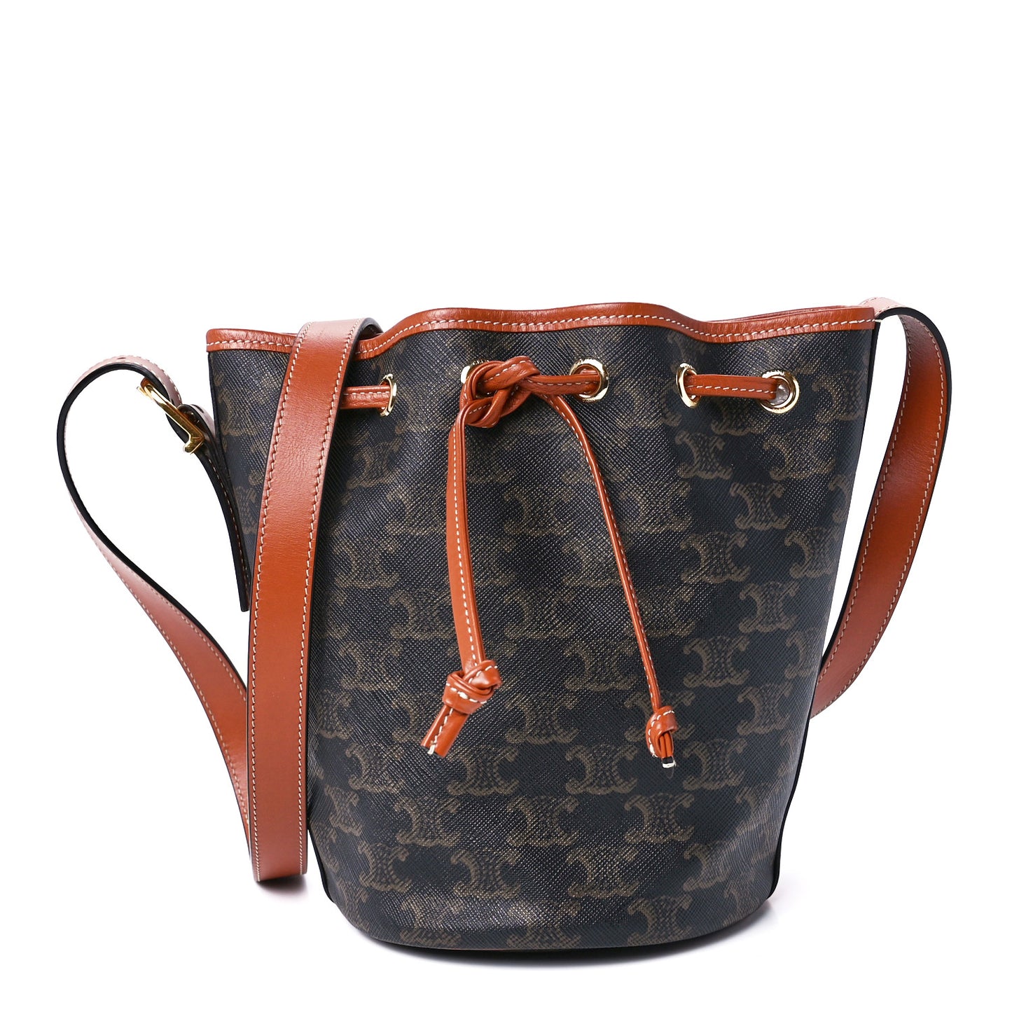 Triomphe Canvas Calfskin Small Drawstring Bucket Bag Tan