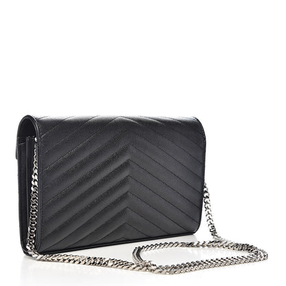 Saint Laurent Grain De Poudre Matelasse Chevron Monogram Chain Wallet Black 3 of 11