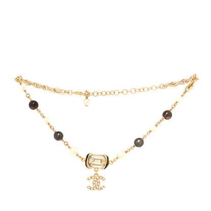 Chanel Graduated Pearl Crystal CC Short Necklace Gold Black Grey 1 of 5
