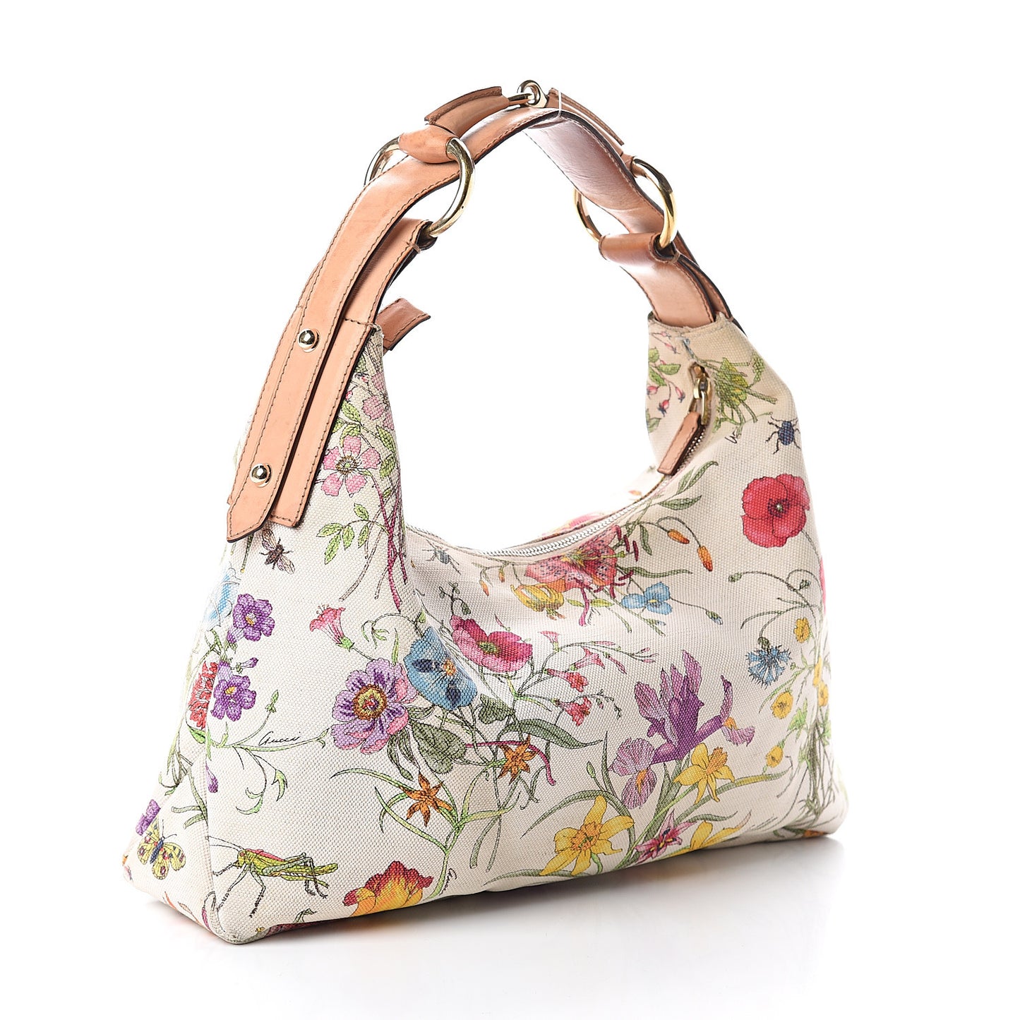 Canvas Medium Flora Floral Horsebit Chain Hobo White