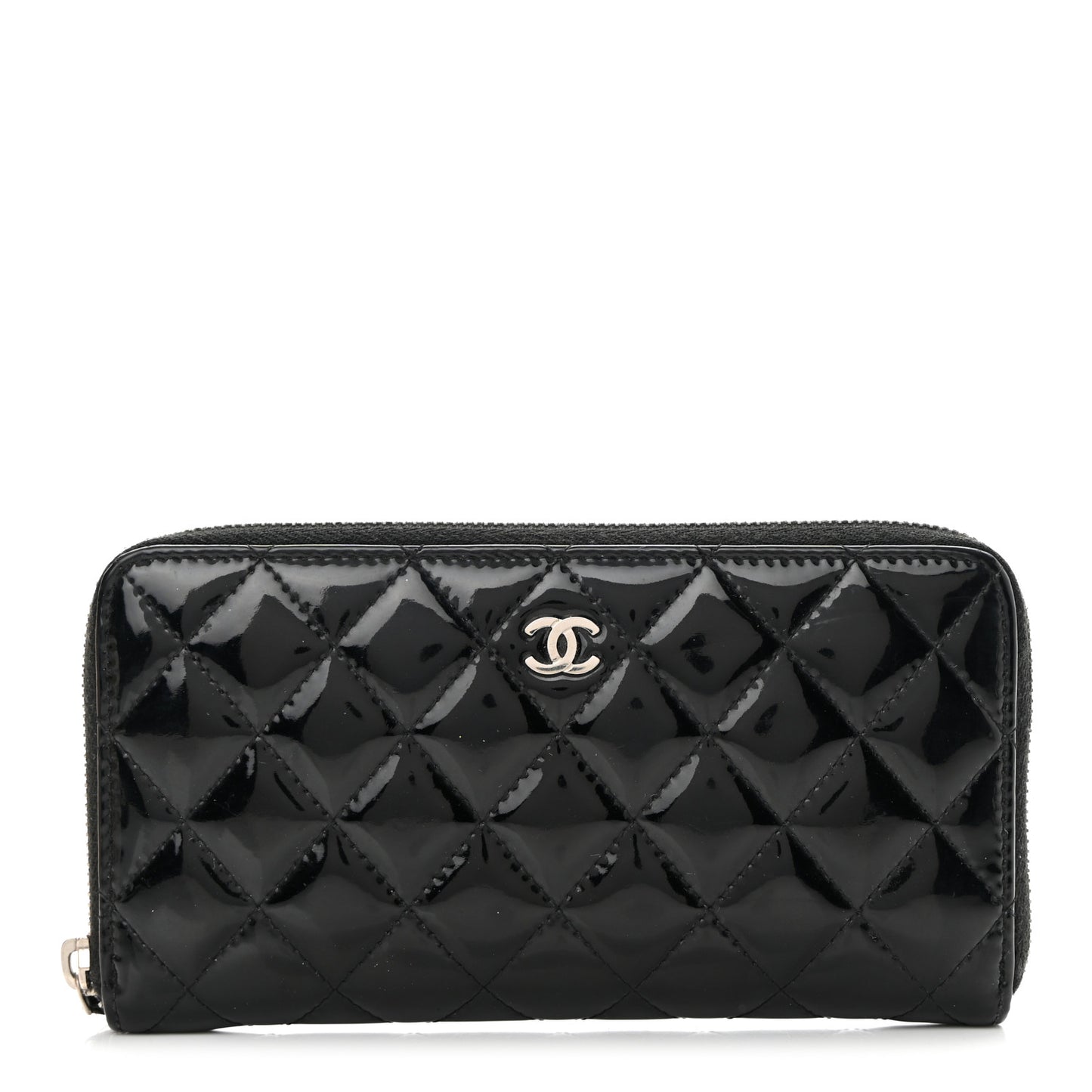 Patent Quilted Zip Around Wallet Black