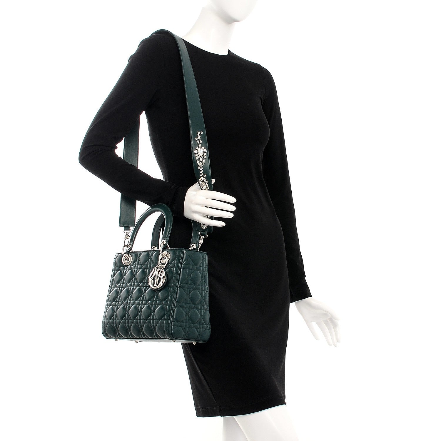 Christian Dior Lambskin Cannage Medium Lady Dior Crystal Strap Green 2 of 8