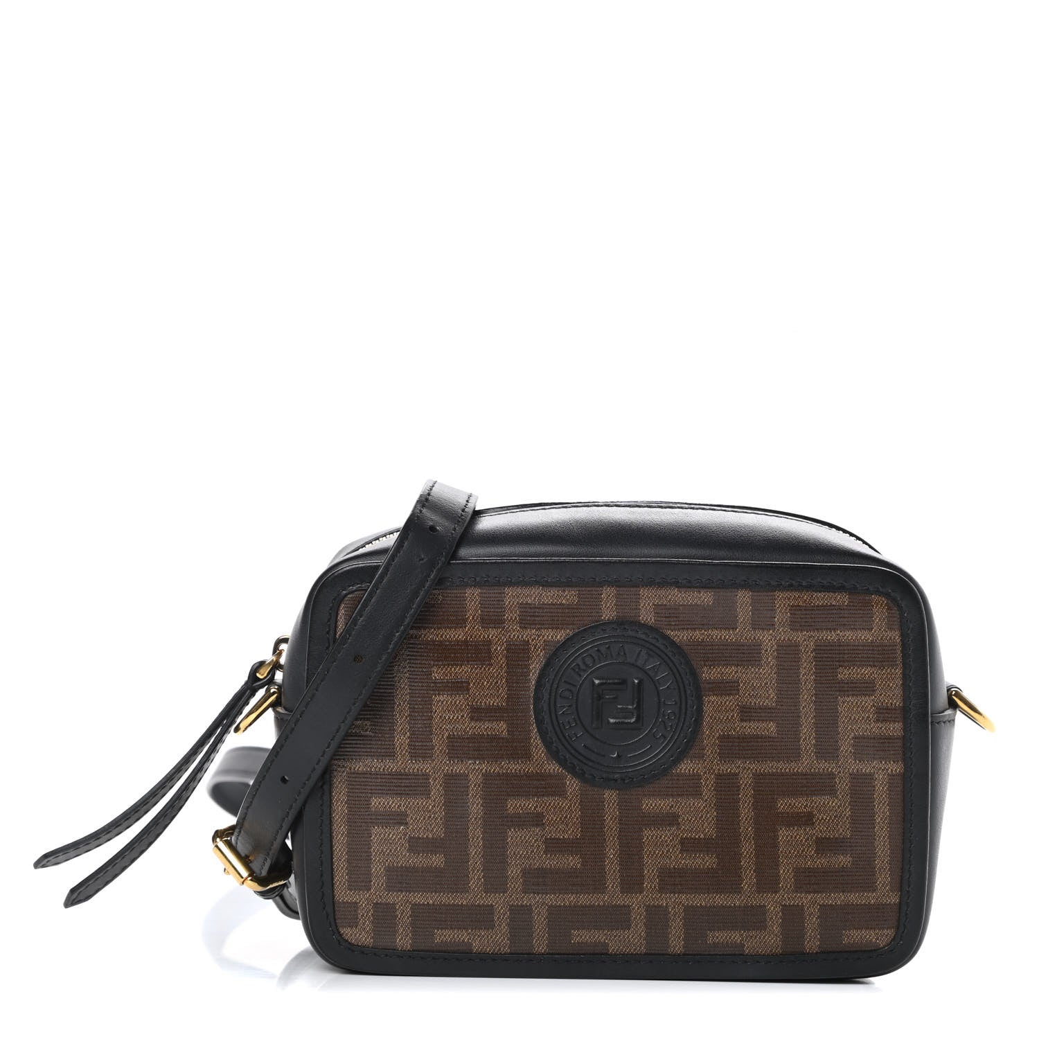 Fendi Glazed Fabric Vitello Century FF 1974 Stamp Patch Mini Camera Case Mogano Panna Black 1 of 14