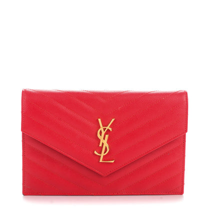 Saint Laurent Grain De Poudre Matelasse Chevron Monogram Envelope Chain Wallet New Red 1 of 7