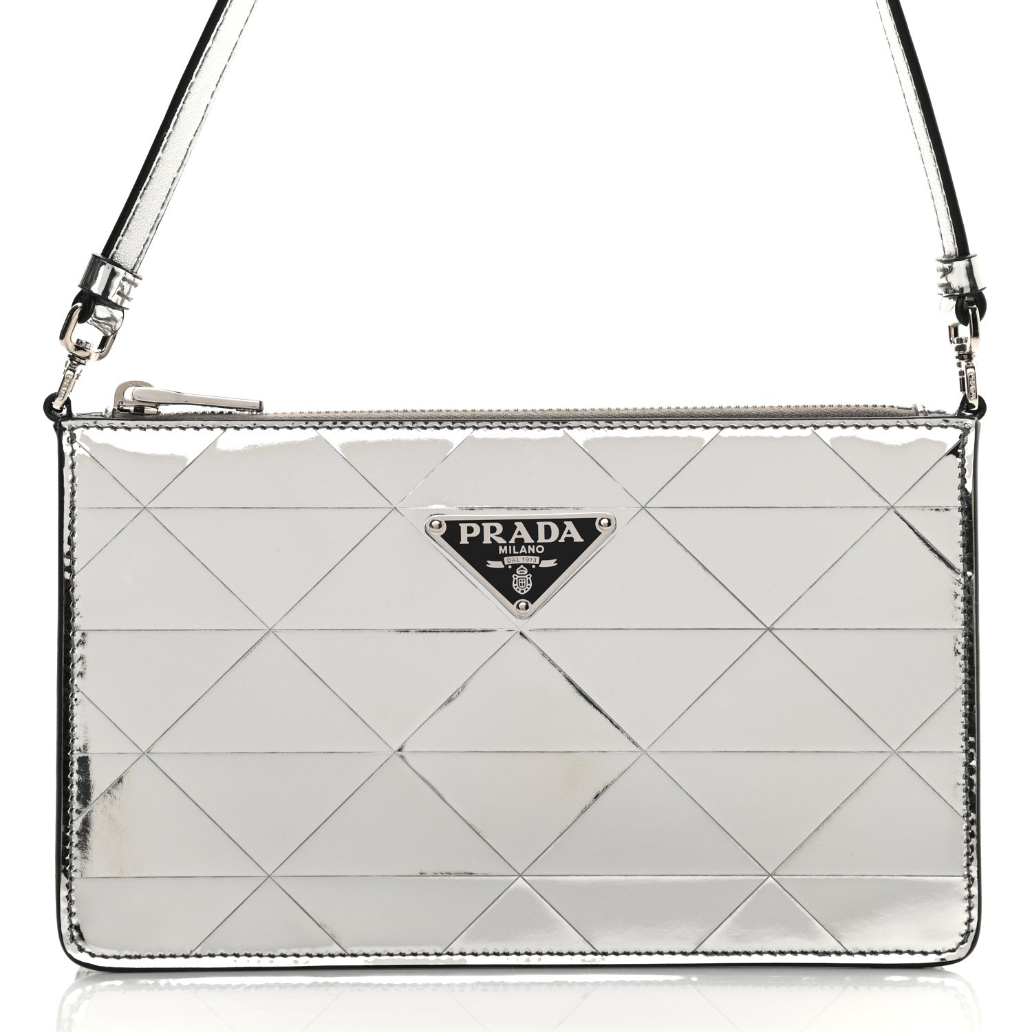 Prada Spazzolato Metal Triangle Logo Triangle Patterned Mini Shoulder Bag Argento 6 of 8