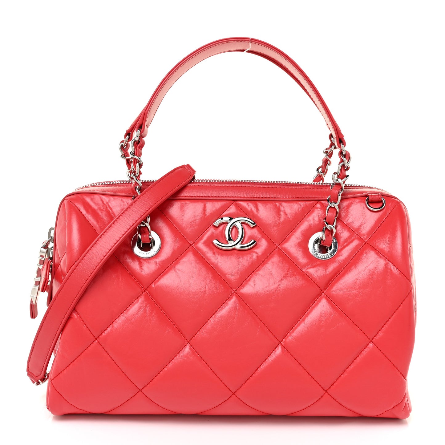 Calfskin Quilted Small CC Bowling Bag Red