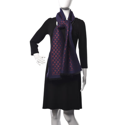 Gucci Wool Silk Jacquard GG Monogram Stenix Scarf Navy Red 2 of 4