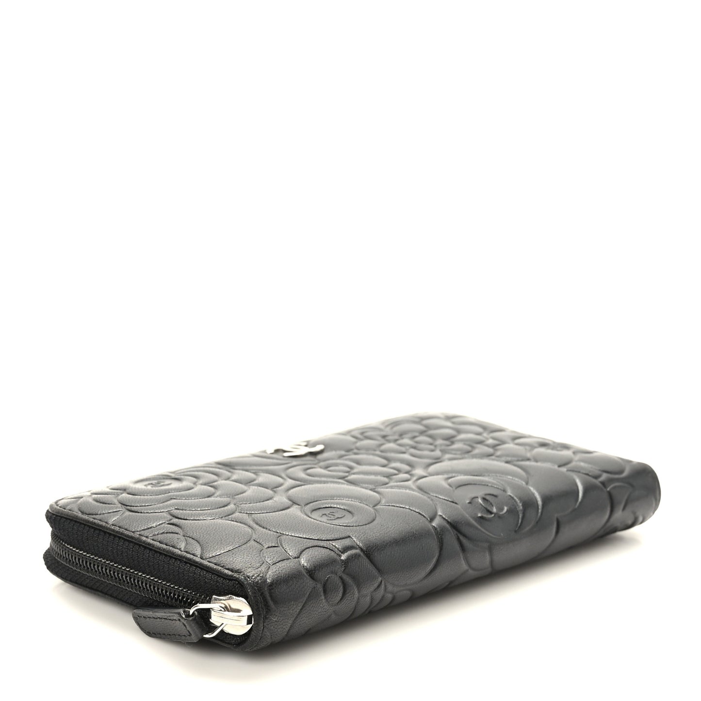Lambskin Camellia Embossed Large Zip Around Gusset Wallet Black