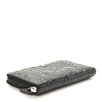 Chanel Lambskin Camellia Embossed Large Zip Around Gusset Wallet Black 4 of 9