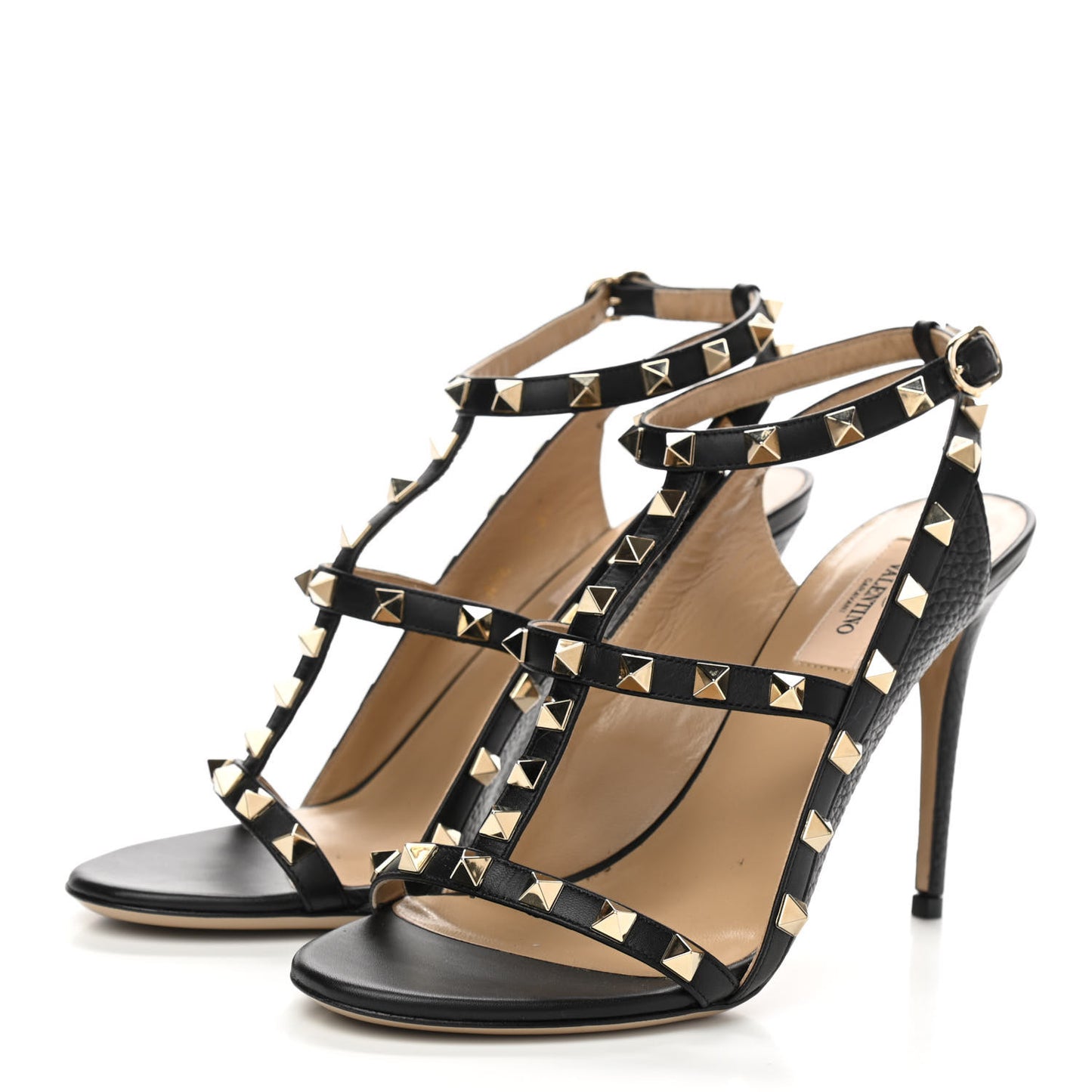 Pebbled Calfskin Rockstud Ankle Strap Open Toe 100mm Sandals 37 Black