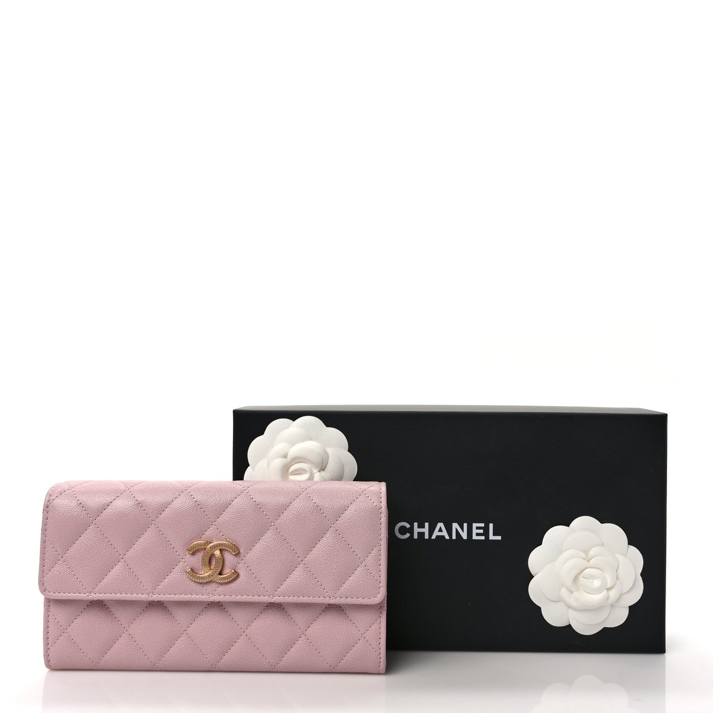 Caviar Quilted Studded CC Large Gusset Flap Wallet Light Pink