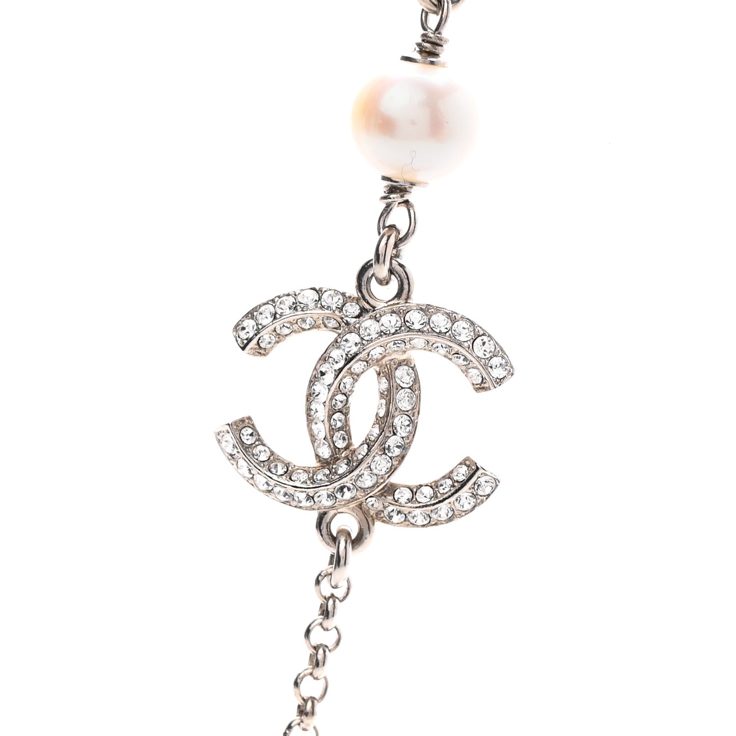Pearl CC Crystal Bow Long Necklace Silver