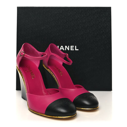 Chanel Lambskin Cap Toe Open Wedge 39.5 Fuchsia Black 9 of 9