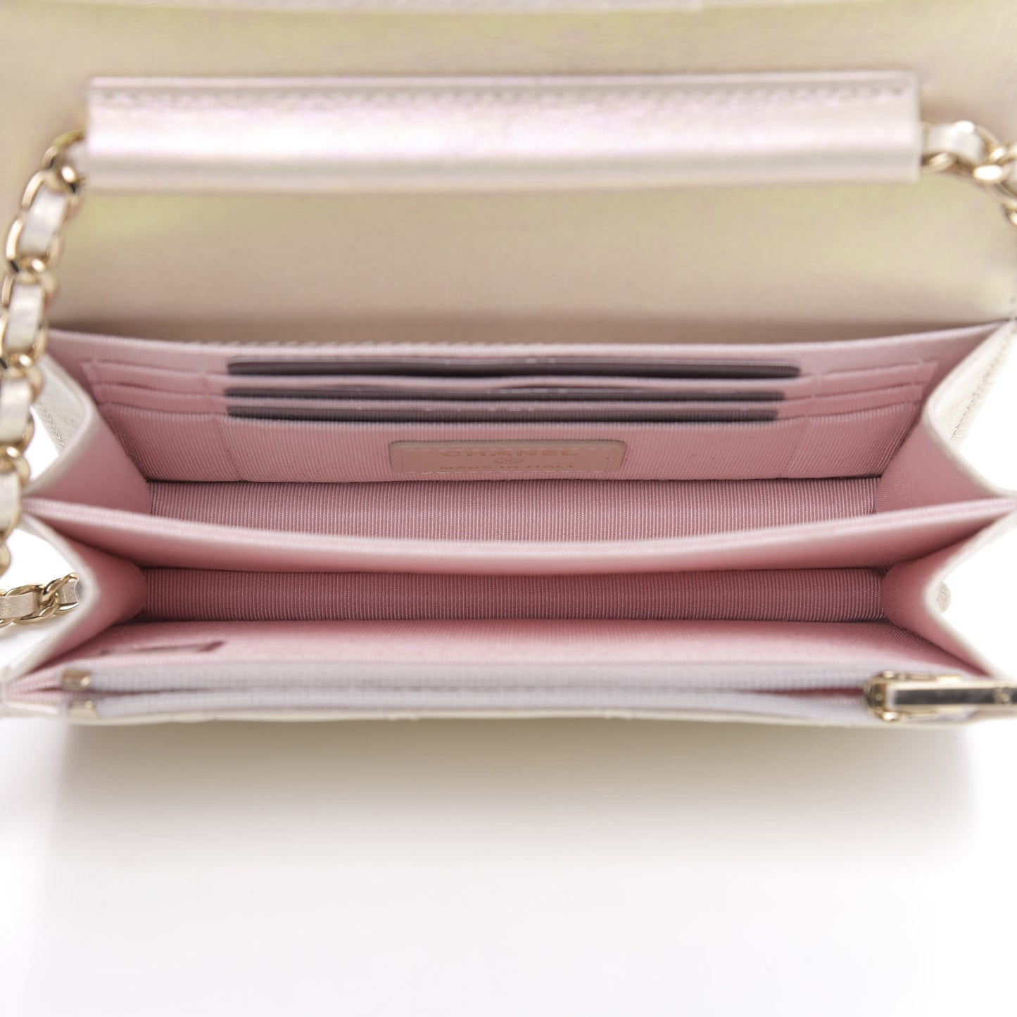 Iridescent Lambskin Quilted Mini Wallet On Chain WOC Ivory