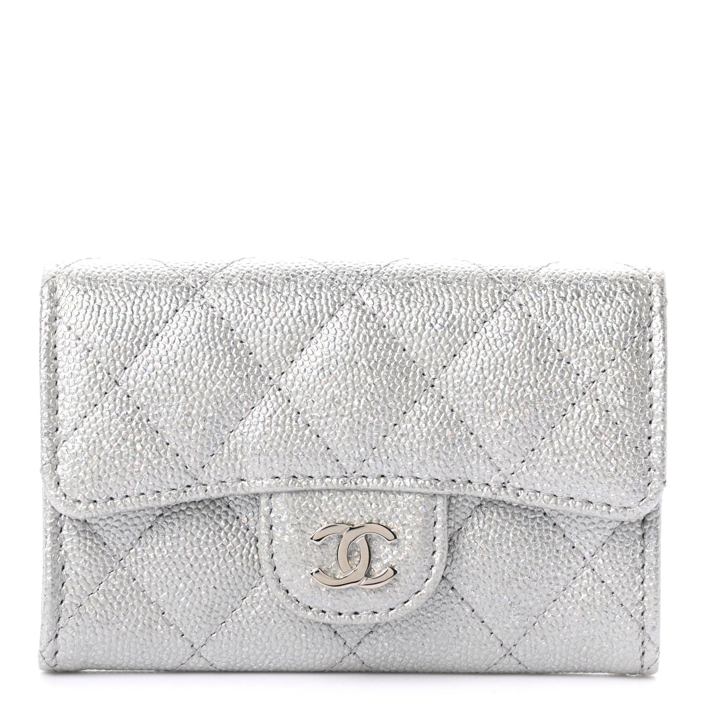 Glittered Metallic Caviar Quilted Flap Card Holder Wallet Silver
