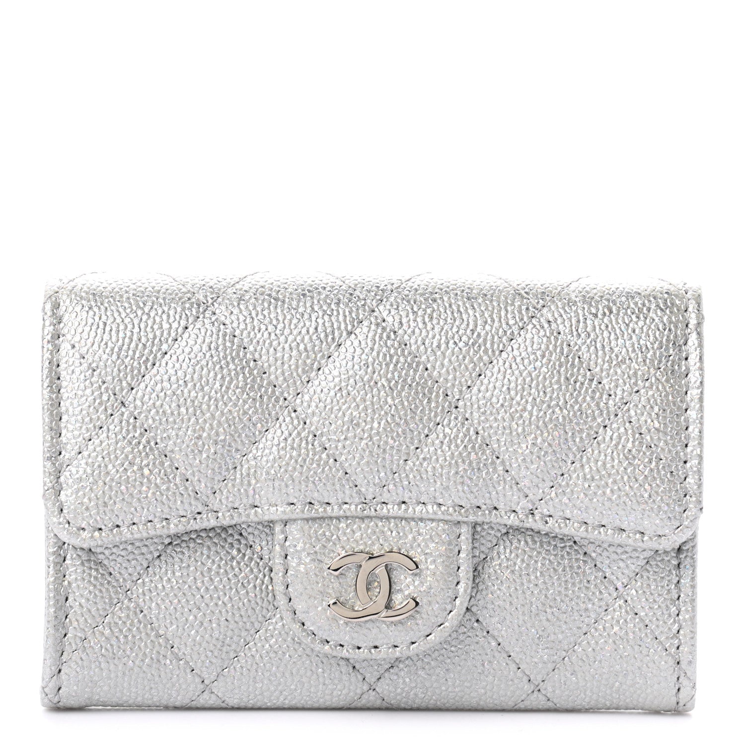 Chanel Glittered Metallic Caviar Quilted Flap Card Holder Wallet Silver 1 of 8