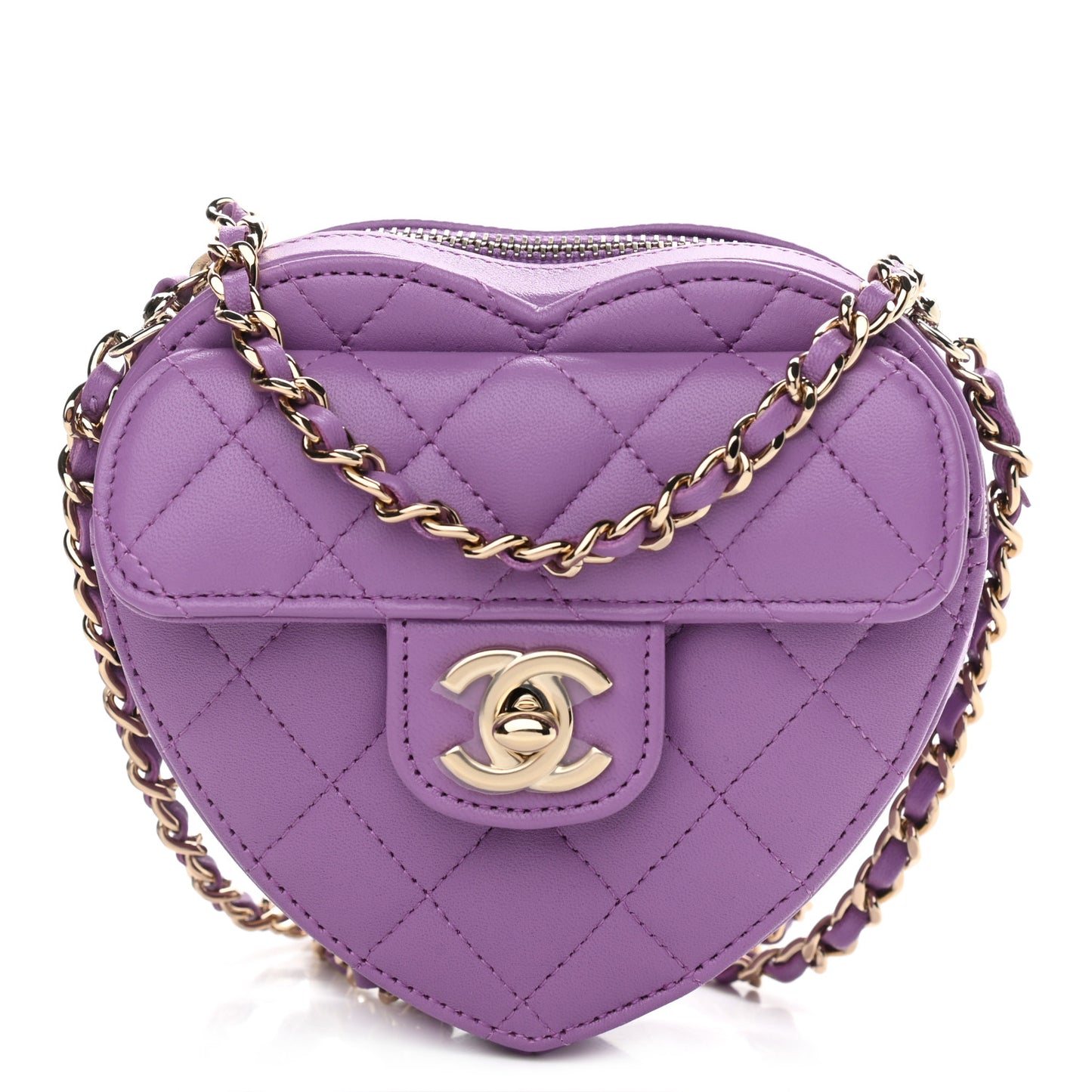 Lambskin Quilted CC In Love Heart Clutch With Chain Purple