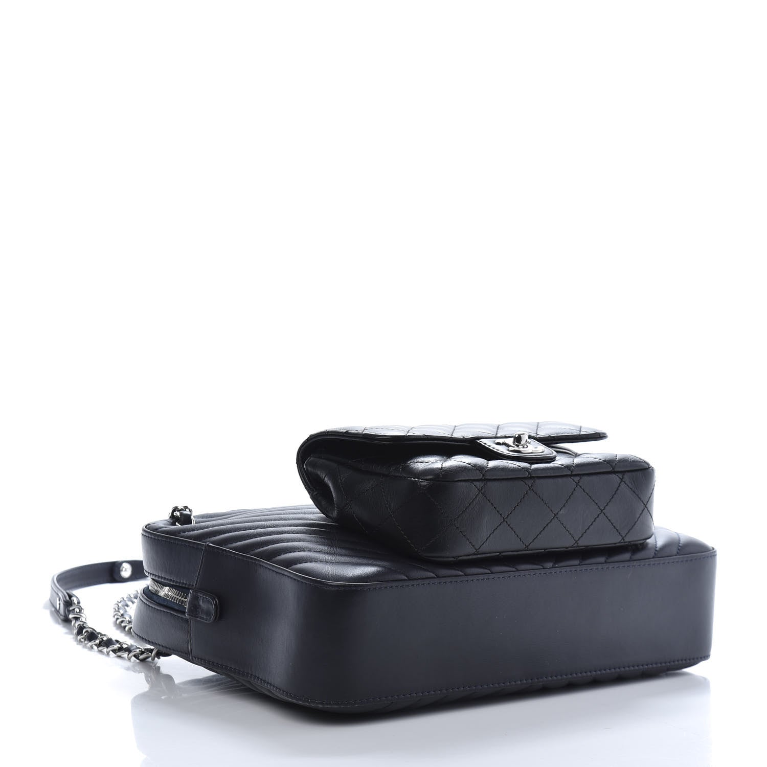 Chanel Calfskin Chevron Quilted Double Camera Bag With Flap Black 4 of 13