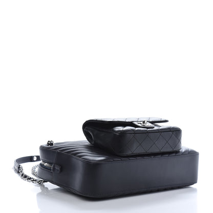 Chanel Calfskin Chevron Quilted Double Camera Bag With Flap Black 4 of 13