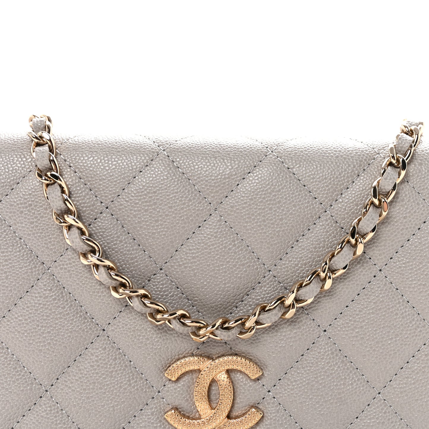 Caviar Quilted Studded CC Wallet On Chain WOC Grey
