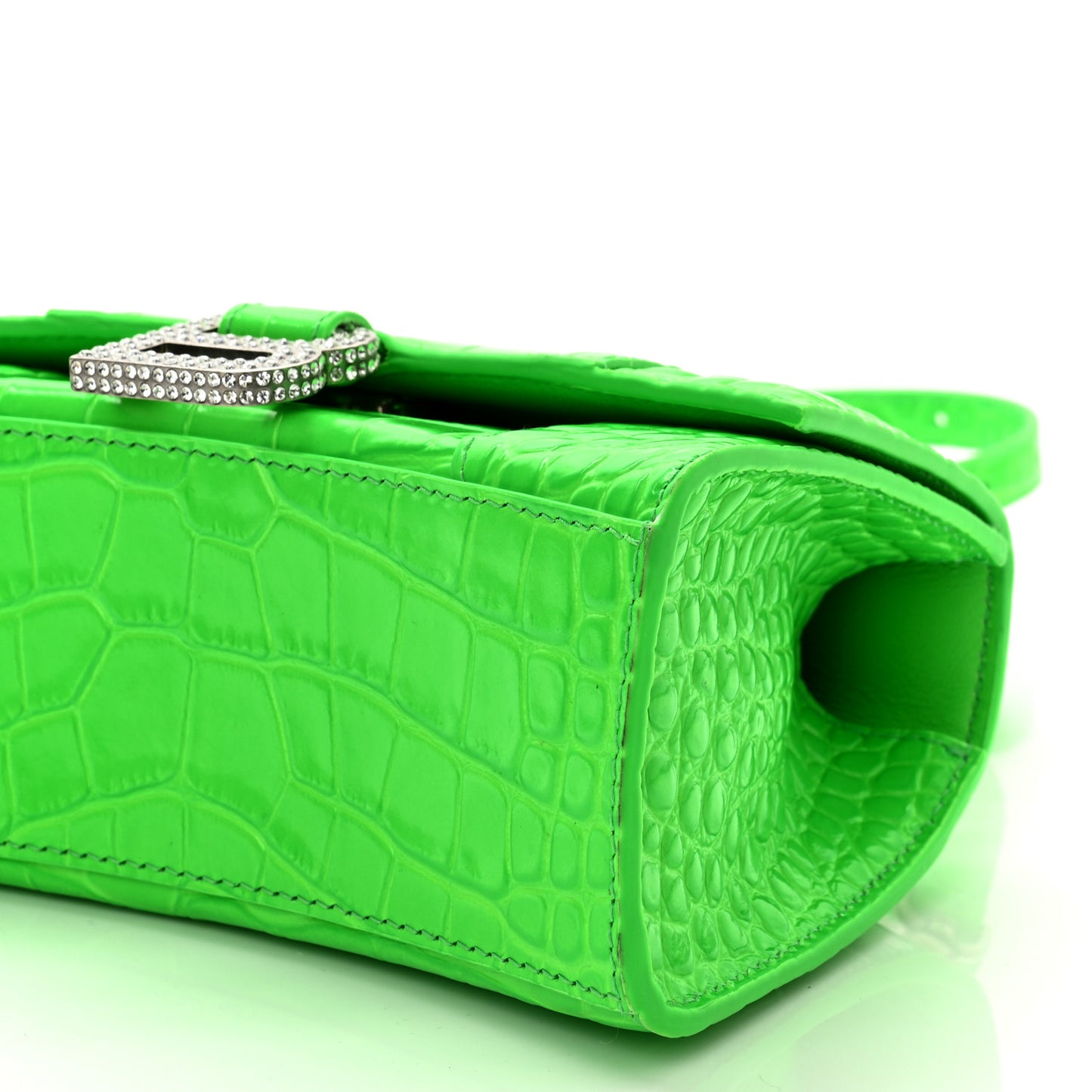 Shiny Calfskin Strass Crocodile Embossed Hourglass Top Handle Bag XS Fluo Green