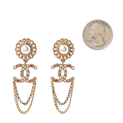 Chanel Pearl Crystal Chain Link CC Drop Earrings Gold Red Pink Yellow 2 of 5