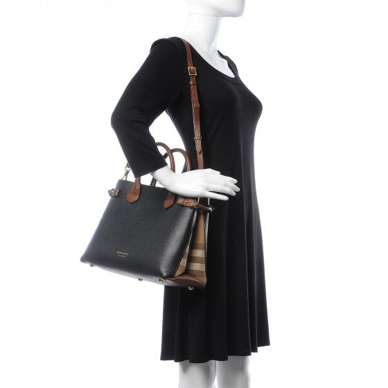 Grainy Calfskin House Check Two Tone Medium Banner Tote Black Brown