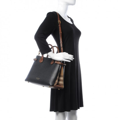 Burberry Grainy Calfskin House Check Two Tone Medium Banner Tote Black Brown 2 of 18