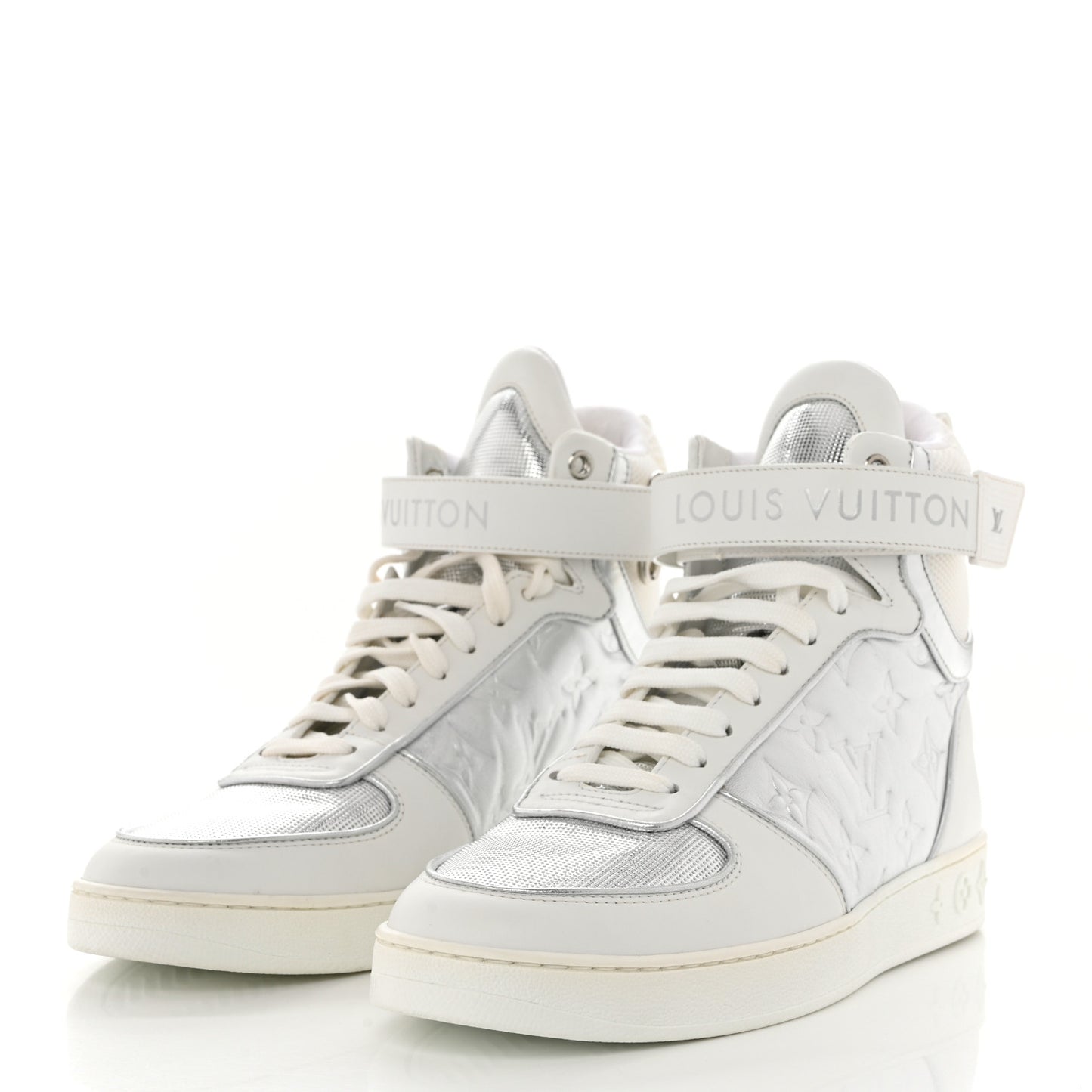 Metallic Calfskin Embossed Monogram Boombox Sneakers 37.5 White Silver