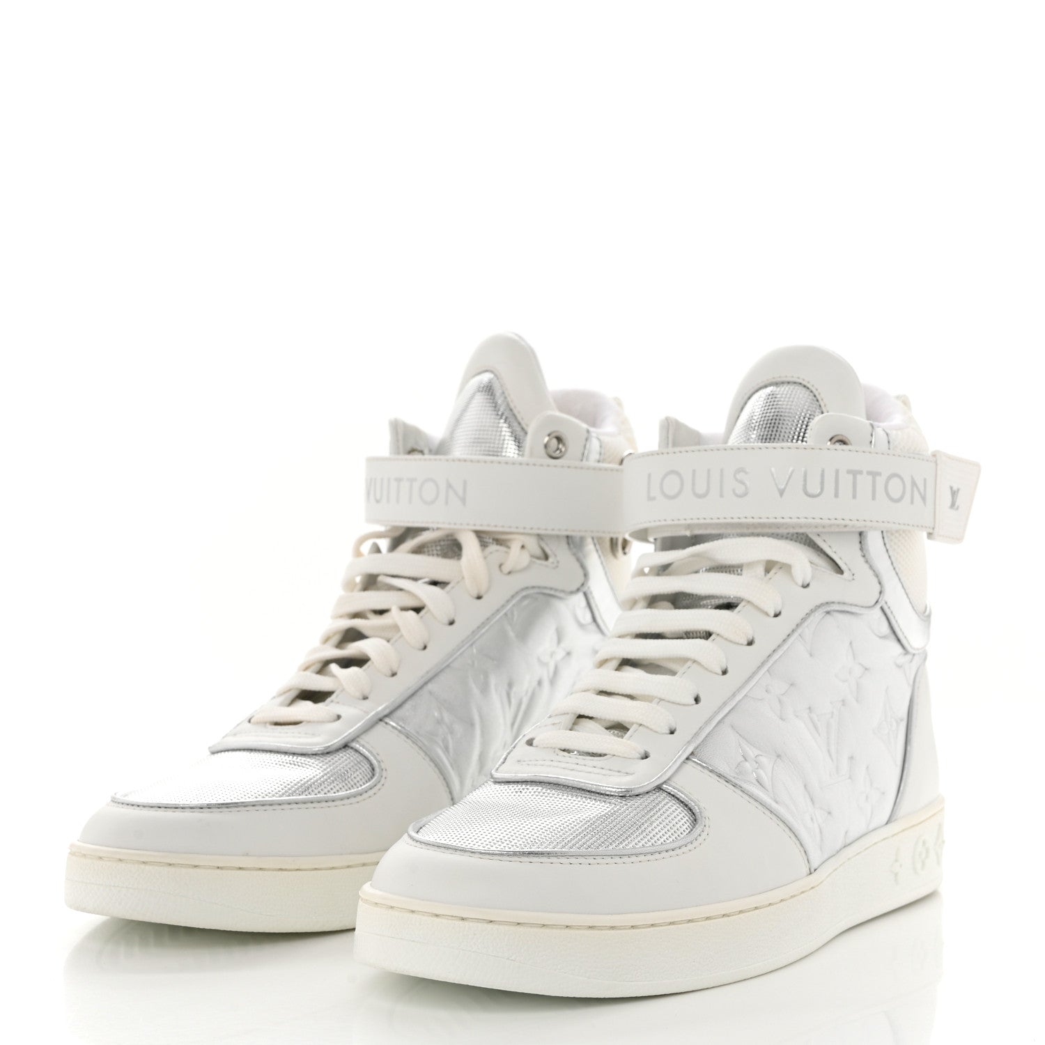 Louis Vuitton Metallic Calfskin Embossed Monogram Boombox Sneakers 37.5 White Silver 3 of 9