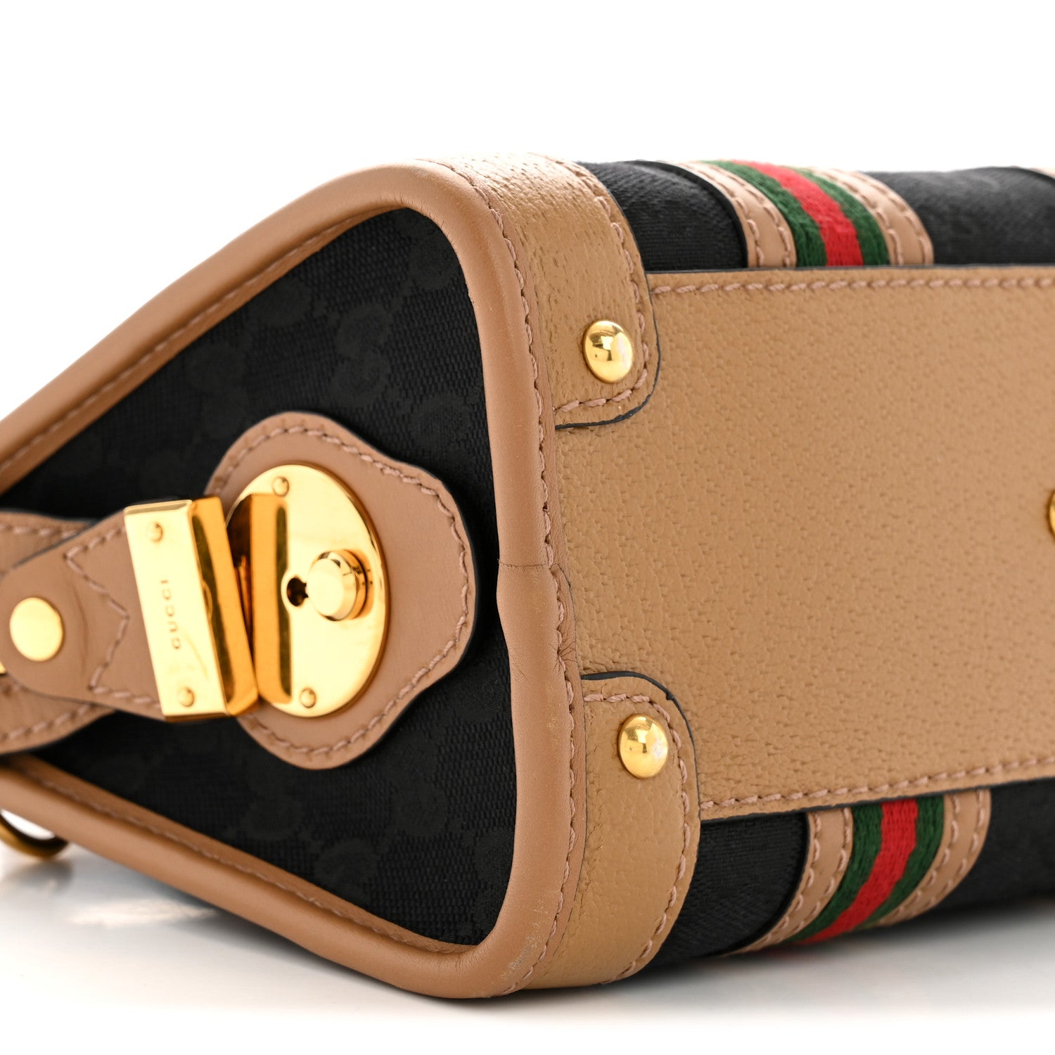 Gucci Monogram Textured Dollar Calfskin Web Mini Bauletto Duffle Top Handle Bag Black Koi Beige 9 of 13