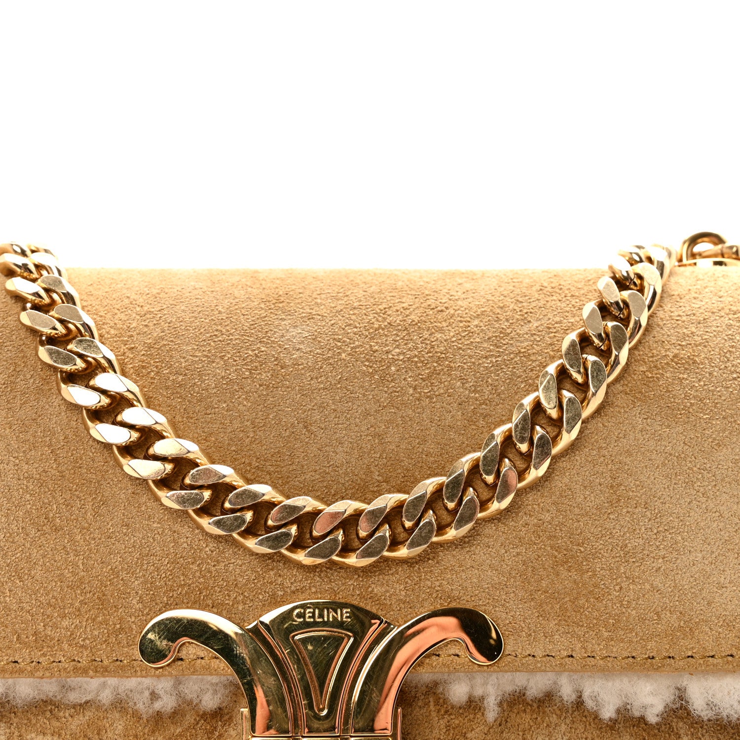 Celine Suede Shearling Triomphe Chain Shoulder Bag Beige 1825022