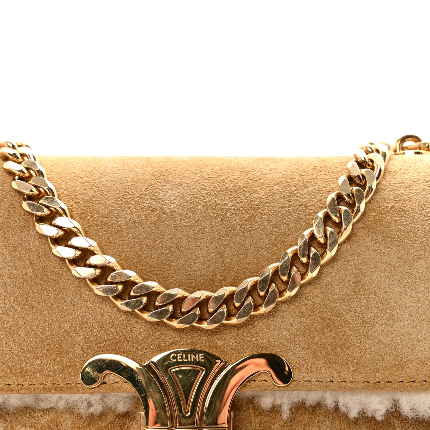 Suede Shearling Triomphe Chain Shoulder Bag Beige