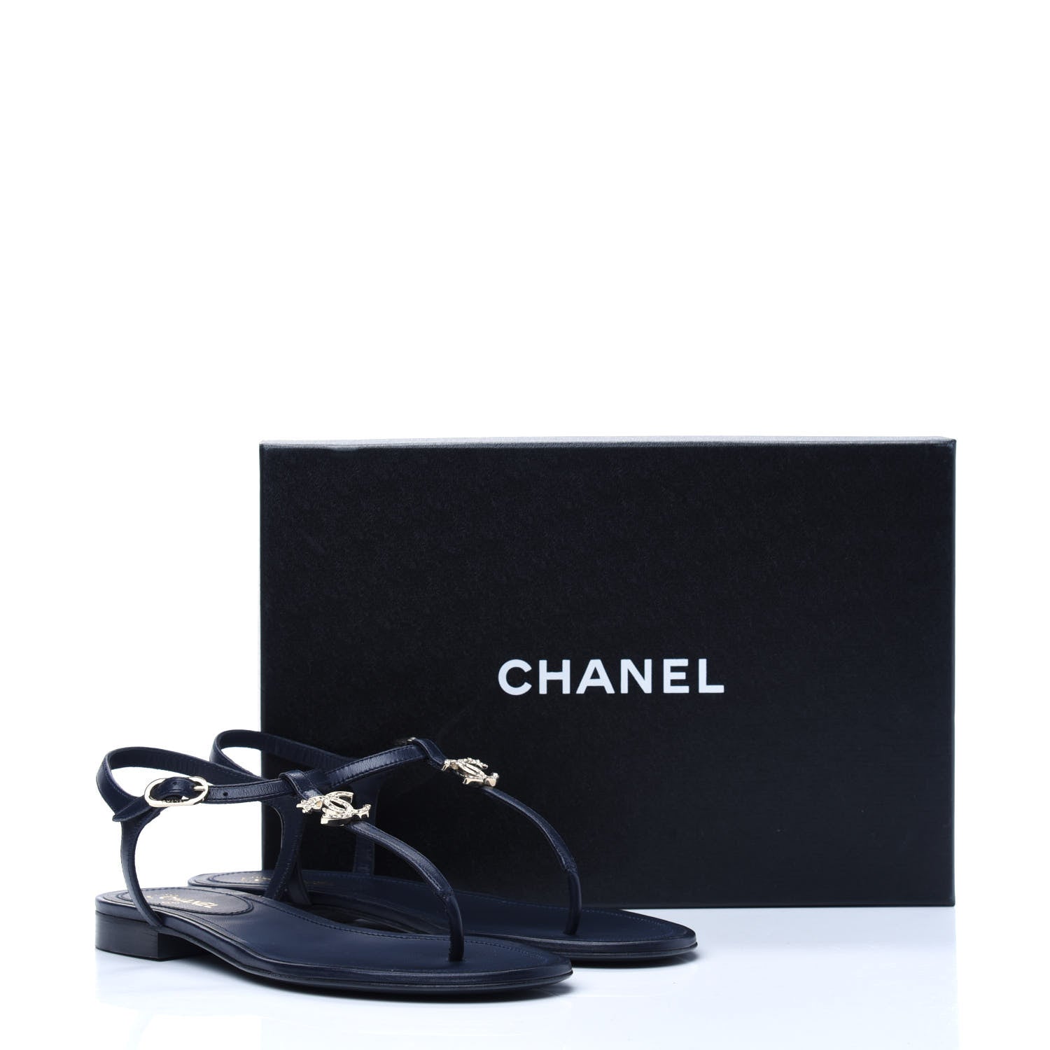 Chanel Lambskin Crystal CC Thong Sandals 37 Navy 10 of 10