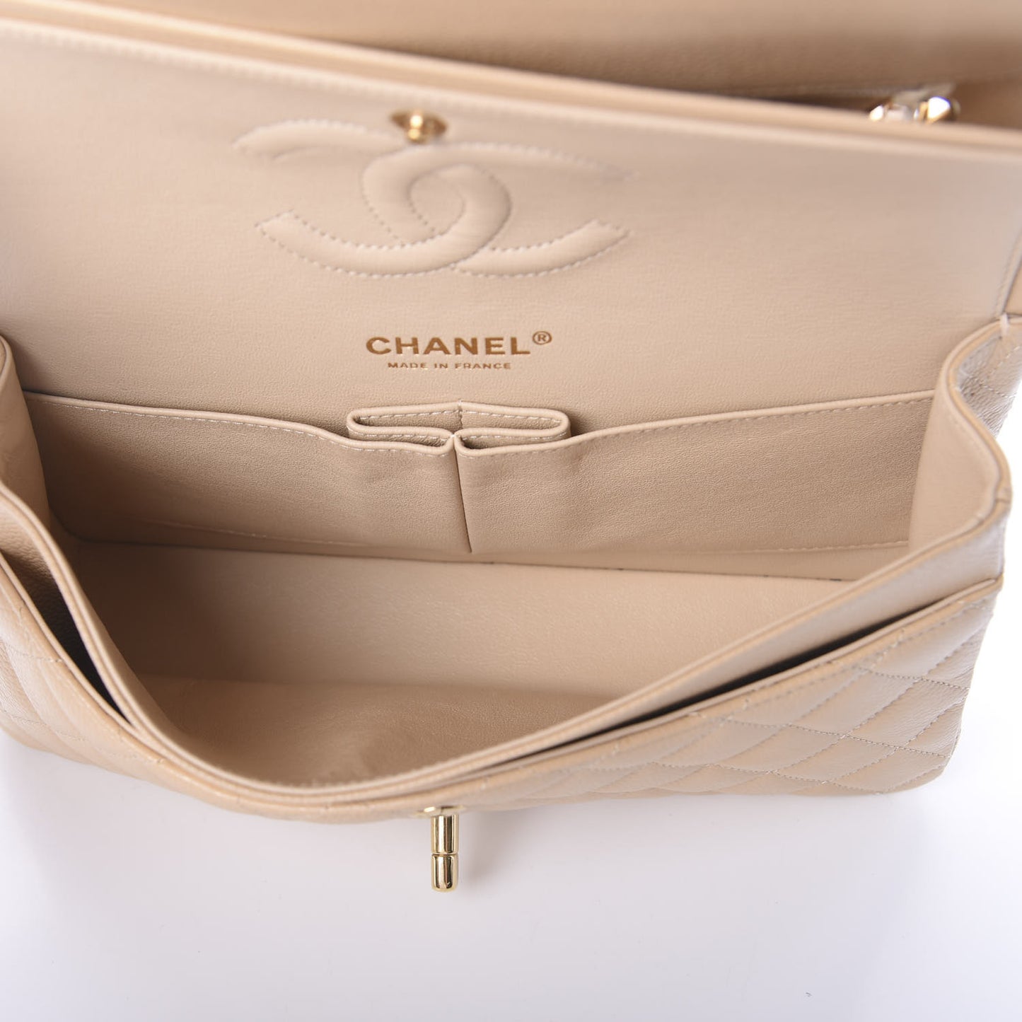 Caviar Quilted Medium Double Flap Beige Clair